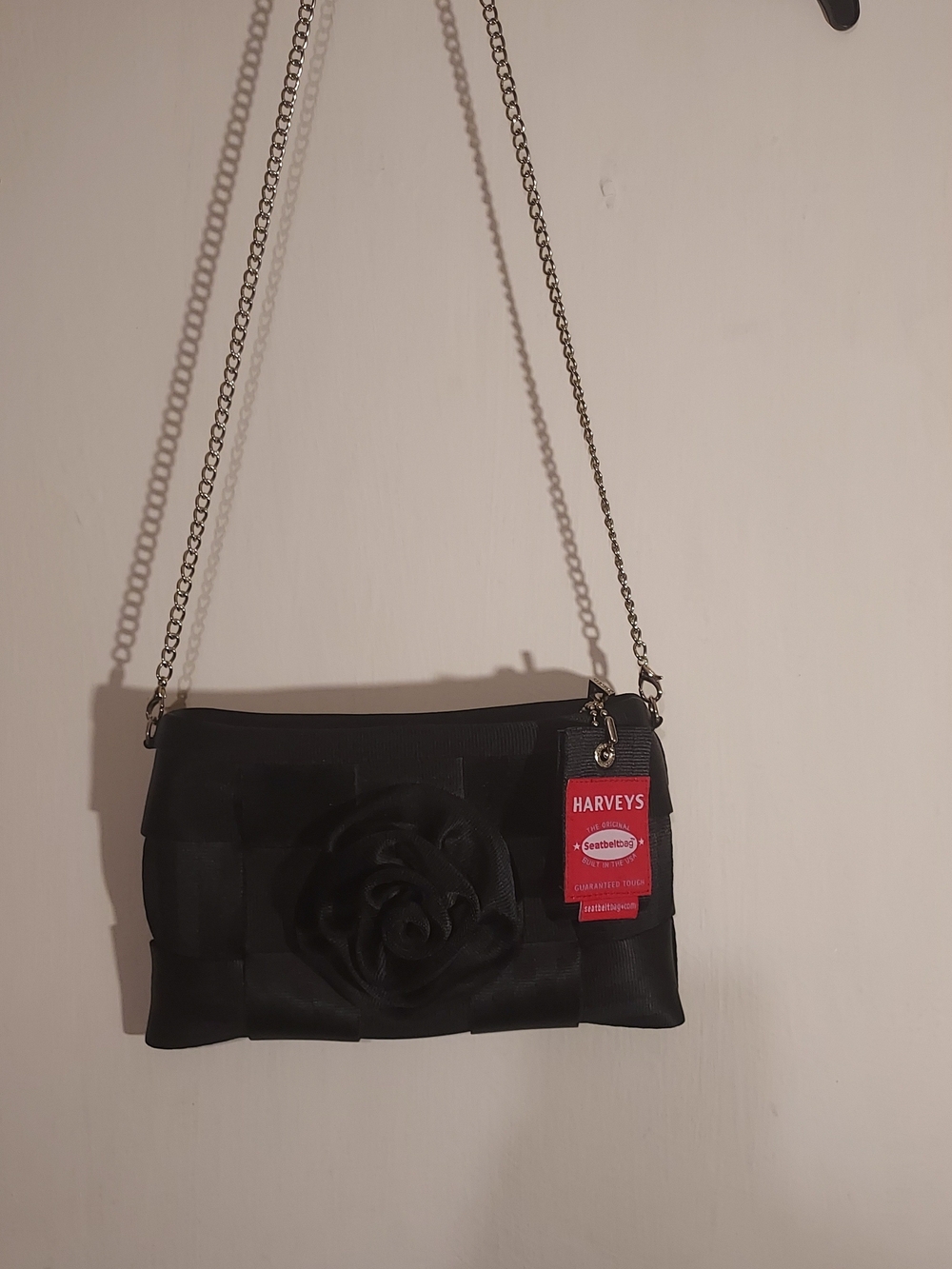 Harveys The Original Seatbelt Bag Black Purse Rose Rosette Accent Chain